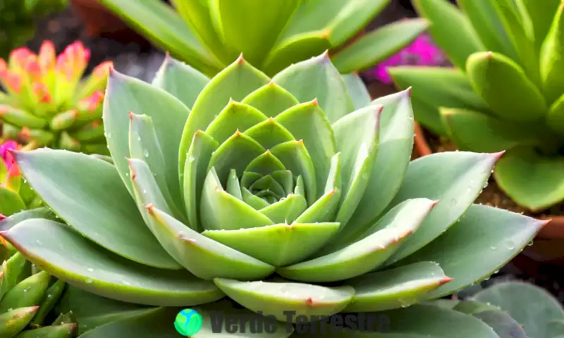 Primer plano de un suculenta forma de oreja con hojas verdes y texturizadas, rodeada de un jardín suave con hadas y gotas de agua