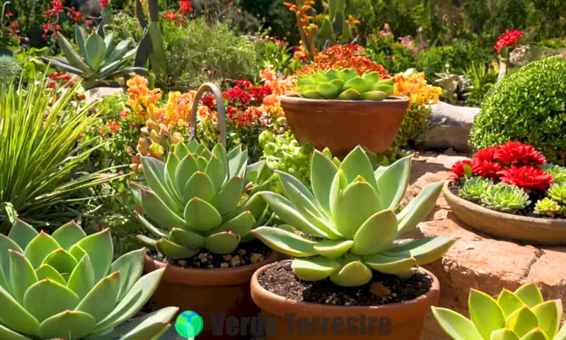 Ilustración vibrante de la planta suculenta Shrek Ear en un jardín soleado, con hojas en forma de oreja y herramientas de jardinería