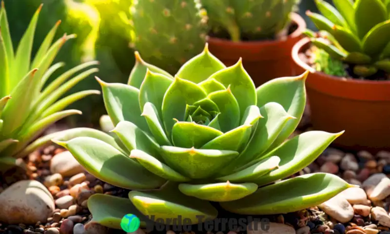 Suculenta Shrek Ear con hojas en forma de oreja, iluminada por el sol en un jardín borroso, rodeada de tierra y piedras