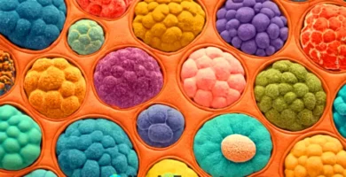 Ilustración colorida de orgánulos celulares con etiquetas