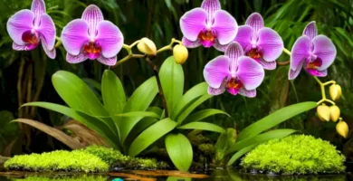 Orquídeas coloridas en plena floración crecen en agua clara