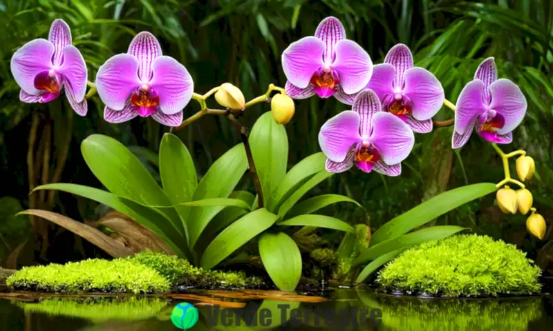 Orquídeas coloridas en plena floración crecen en agua clara