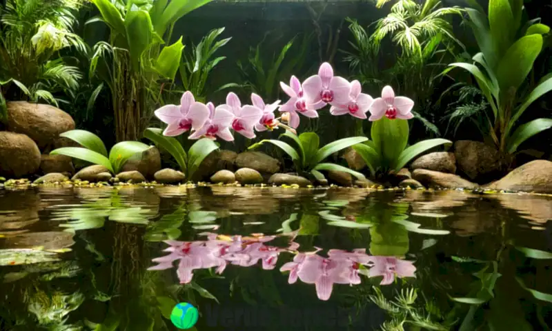 Orquídeas de colores vibrantes creciendo en agua, rodeadas de luz natural en un jardín tropical