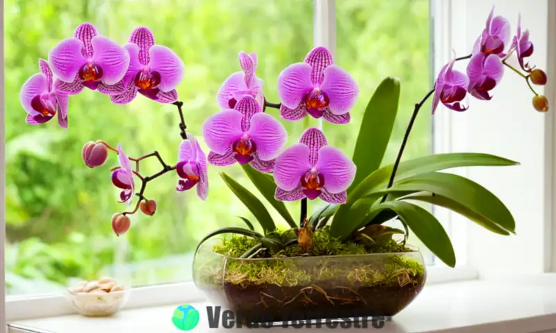 Orquídeas coloridas en un jarrón de vidrio con agua, iluminadas por luz natural y con raíces visibles