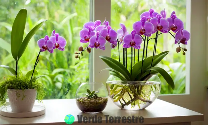 Orquídeas vibrantes en un jarrón de vidrio rodeadas de hojas verdes, con gotas de agua brillando bajo luz suave