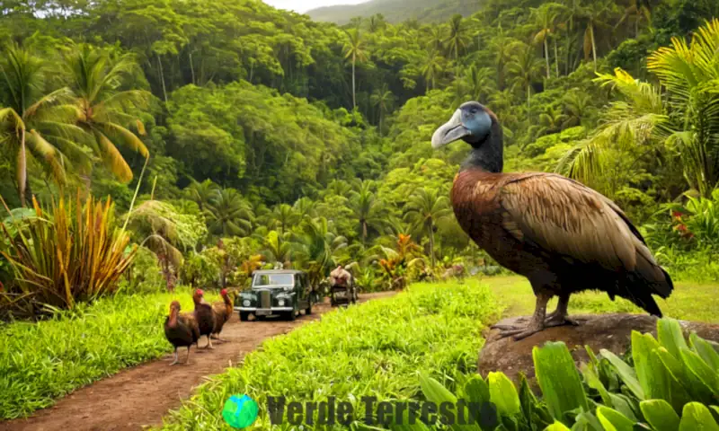 Ilustración del dodo en su hábitat natural en Mauricio, rodeado de flora vibrante y exploradores humanos, con un estilo vintage y un ambiente melancólico