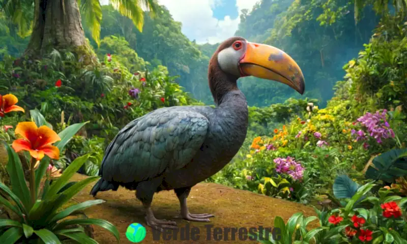 Dodo extinto en un bosque tropical del siglo XVII, rodeado de vegetación y restos de presencia humana