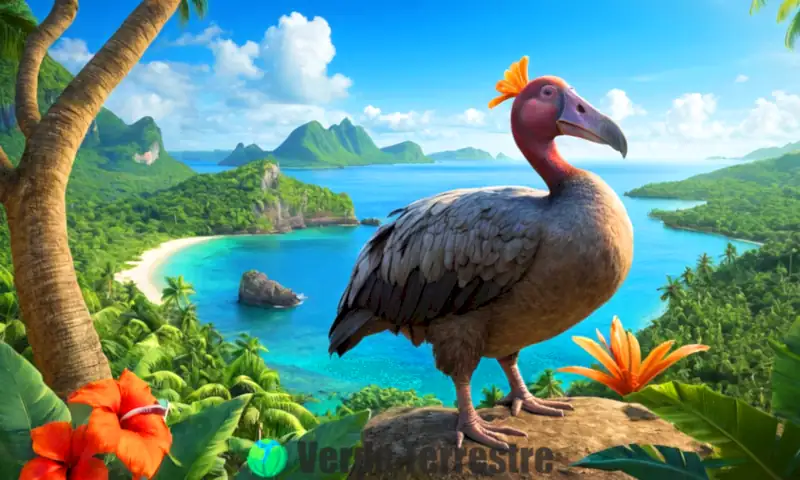Dodo extinto en una isla tropical, rodeado de flora vibrante y observado por pequeños animales, bajo un soleado paisaje marino