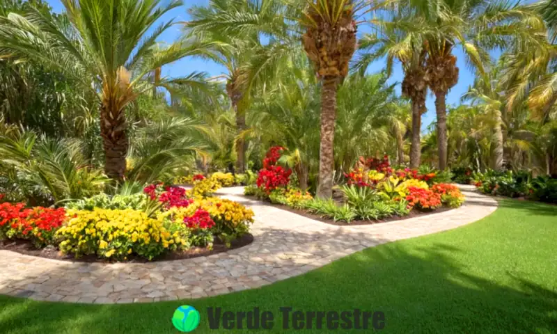 Jardín vibrante con 21 tipos de palmas ornamentales, flores coloridas y muebles de jardín en un ambiente soleado