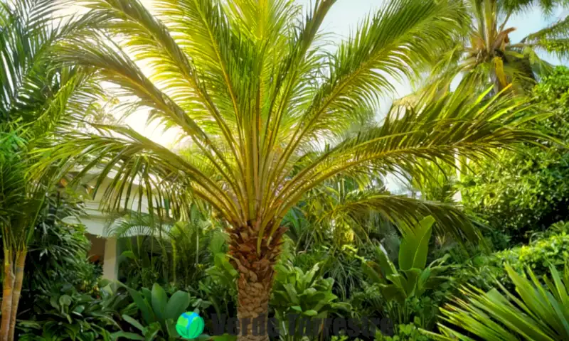 Palmera Areca elegante en un jardín vibrante con vegetación abundante y flores tropicales coloridas