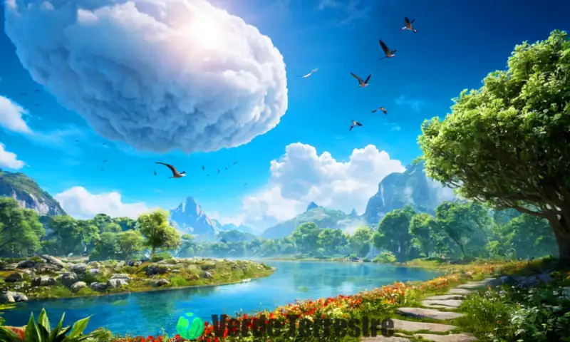 Ecosistema vibrante con flora y fauna bajo un cielo azul, aves volando y un río fluyendo, simbolizando la importancia del aire