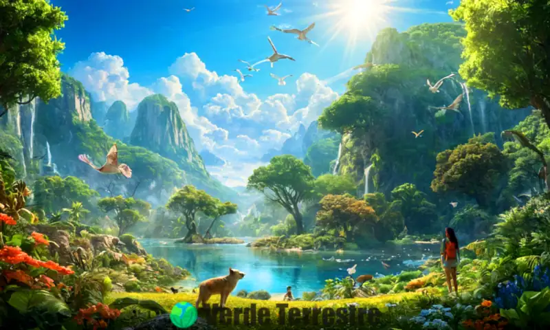 Ilustración de un ecosistema diverso con animales, plantas, un cielo azul y un humano interactuando con la naturaleza
