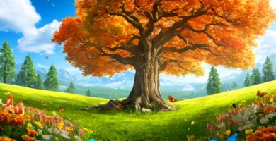 Árbol colorido rodeado de animales que simbolizan la dependencia del aire y la vida en un cielo azul