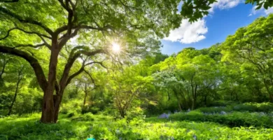 Escena de un bosque frondoso con árboles etiquetados que destacan sus beneficios