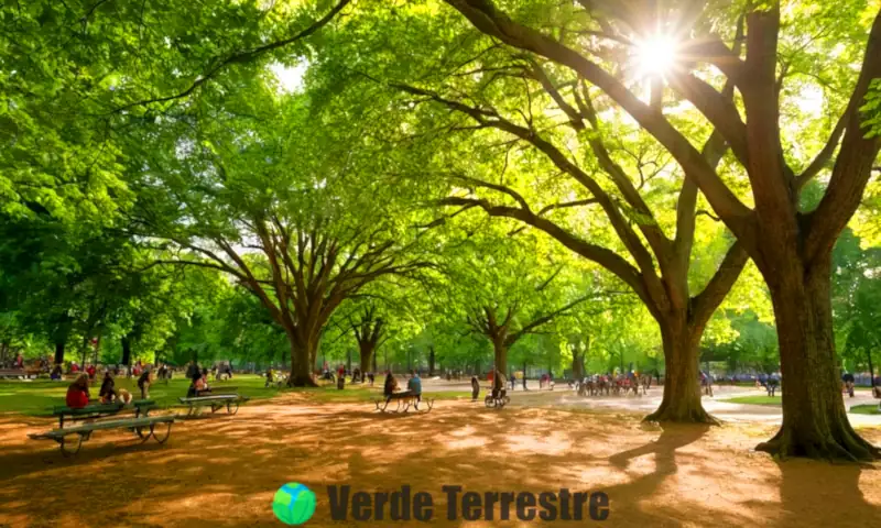 Escena realista de un parque verde con diversos árboles, niños jugando y pájaros en las ramas