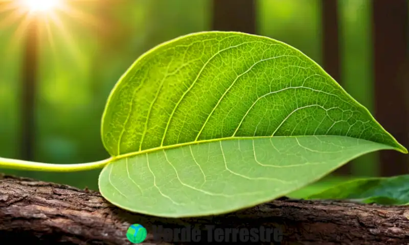 Diagrama detallado de la estructura de una hoja con partes etiquetadas, en un fondo de bosque verde iluminado por el sol