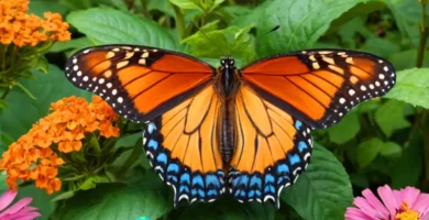 Ilustración detallada de una mariposa en un jardín vibrante