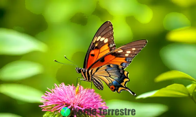 Mariposa realista con alas coloridas posada en una flor vibrante, en un jardín exuberante