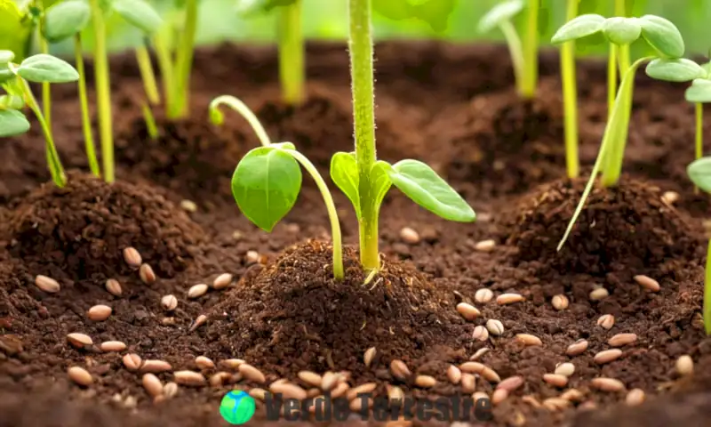 Ilustración del proceso de germinación de semillas, mostrando una semilla abierta con raíces y hojas verdes en un jardín soleado