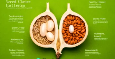 Ilustración educativa realista que muestra las partes de una semilla con etiquetas en un fondo verde natural