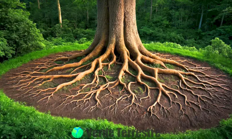 Ilustración realista de raíces de árbol entrelazadas con el suelo en un bosque, destacando su función de absorción de nutrientes y soporte