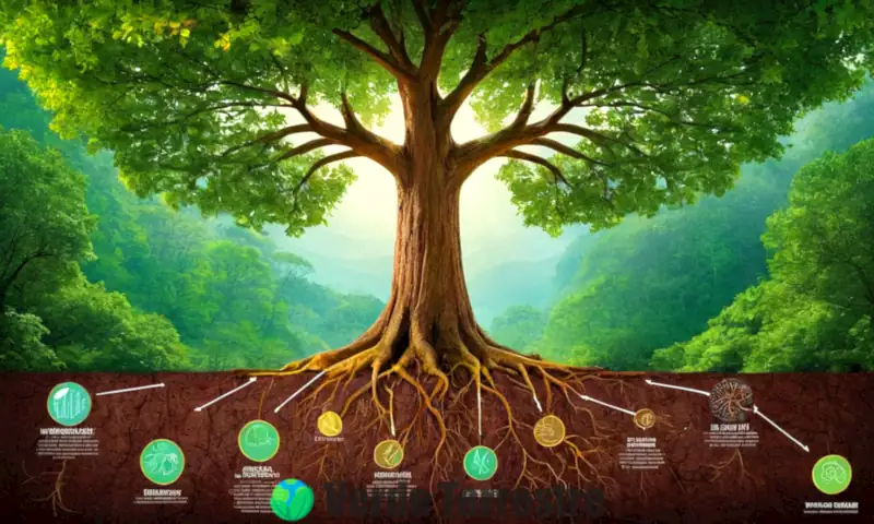 Infografía sobre el ciclo de vida de un árbol, mostrando raíces, tronco, ramas, hojas y semillas en un entorno boscoso iluminado por el sol