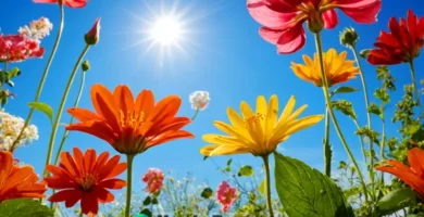 Ilustración educativa de la anatomía de una flor con partes etiquetadas en un jardín colorido