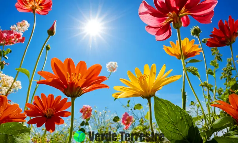 Ilustración educativa de la anatomía de una flor con partes etiquetadas en un jardín colorido