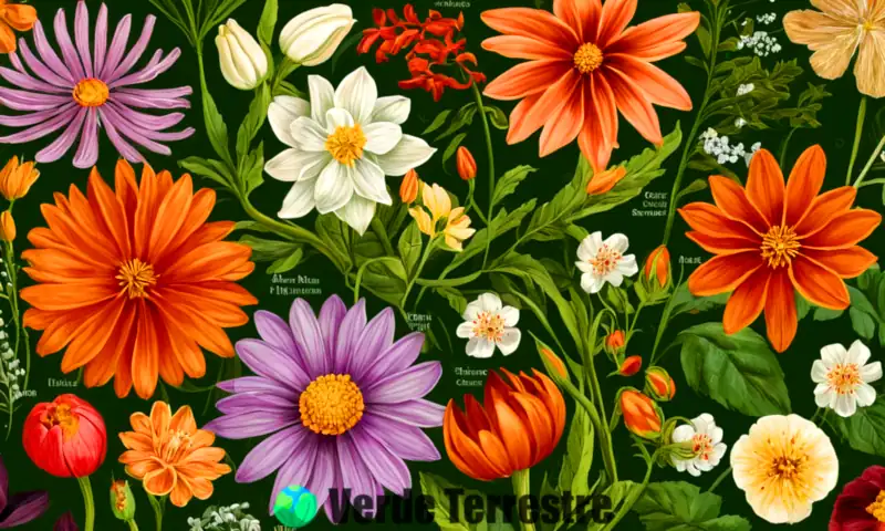 Ilustración botánica detallada de partes de flores en un jardín, con componentes etiquetados como pétalos, estambres, pistilos y sépalos