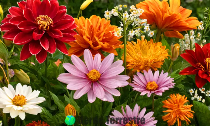 Ilustración detallada de las partes de una flor en un jardín botánico, con etiquetas y estilo científico
