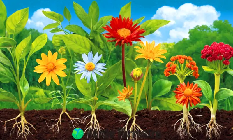 Ilustración educativa de una planta con raíces, tallos, hojas, flores y frutos en un jardín, bajo un cielo azul y con colores vibrantes