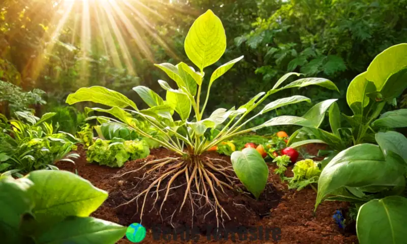 Ilustración educativa de una planta con sus cinco partes principales etiquetadas, en un jardín vibrante con luz solar