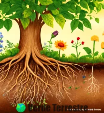 Ilustración educativa de una planta con raíces