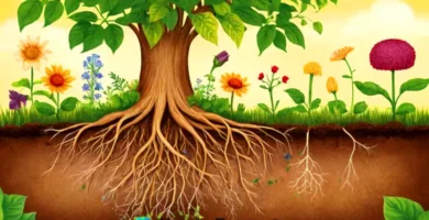 Ilustración educativa de una planta con raíces