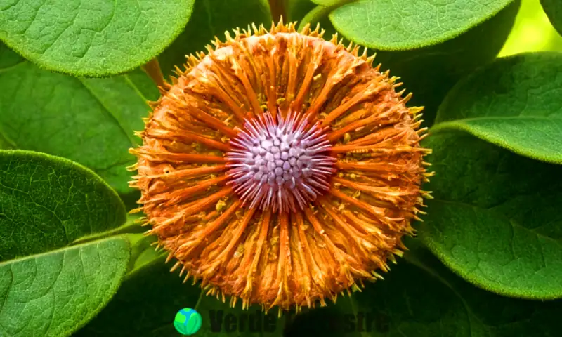 Close-up de un estoma de planta rodeado de hojas verdes en un jardín soleado