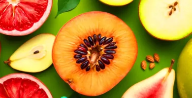 Ilustración botánica que muestra partes de frutas como semillas y pulpa sobre un fondo de hoja verde