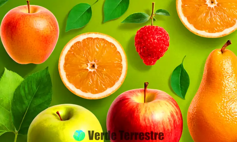 Ilustración educativa de frutas con partes etiquetadas, rodeadas de hojas verdes y un fondo soleado