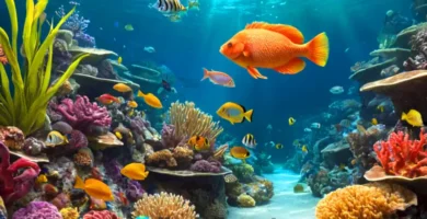 Ilustración educativa de un pez en un entorno submarino vibrante