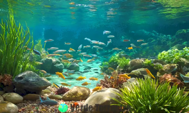 Escena submarina vibrante con 40 especies de peces de río nadando entre plantas acuáticas y piedras coloridas, iluminada por la luz del sol