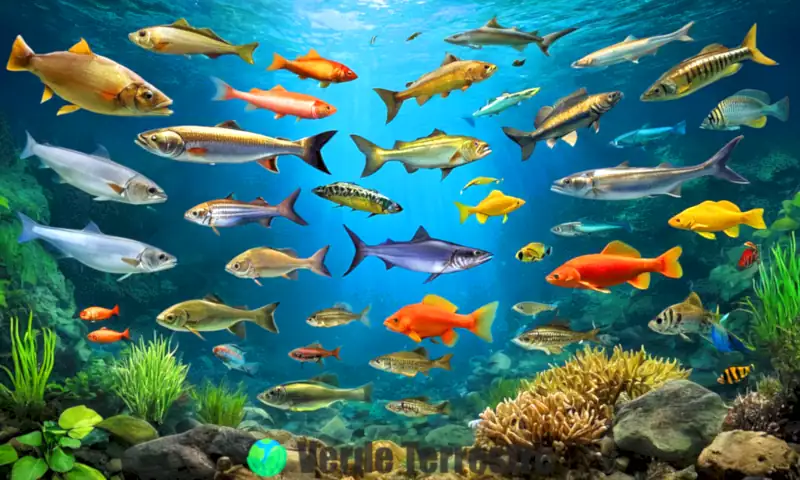 Collage artístico de 40 especies de peces de río con etiquetas, en un fondo de hábitats acuáticos variados