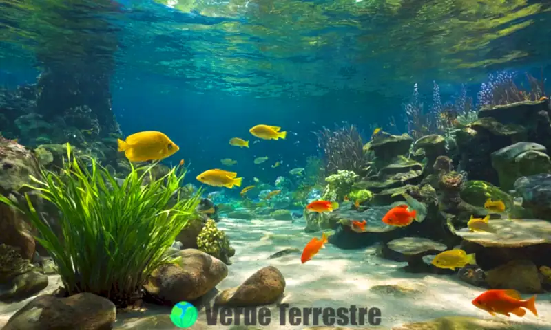 Escena submarina vibrante con diversas especies de peces de río en reproducción, rodeados de plantas acuáticas y luces filtradas por la superficie