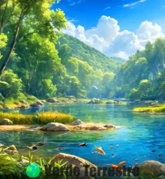 Ilustración realista de 40 especies de peces de agua dulce en un río