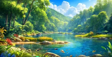 Ilustración realista de 40 especies de peces de agua dulce en un río