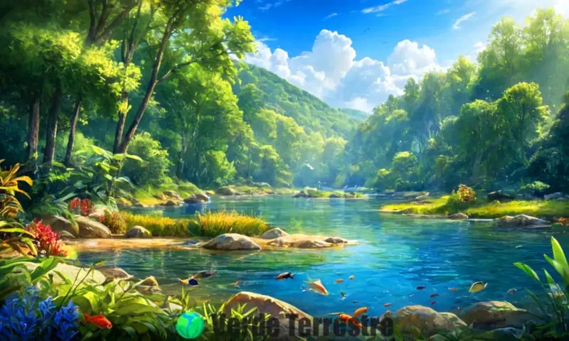 Ilustración realista de 40 especies de peces de agua dulce en un río