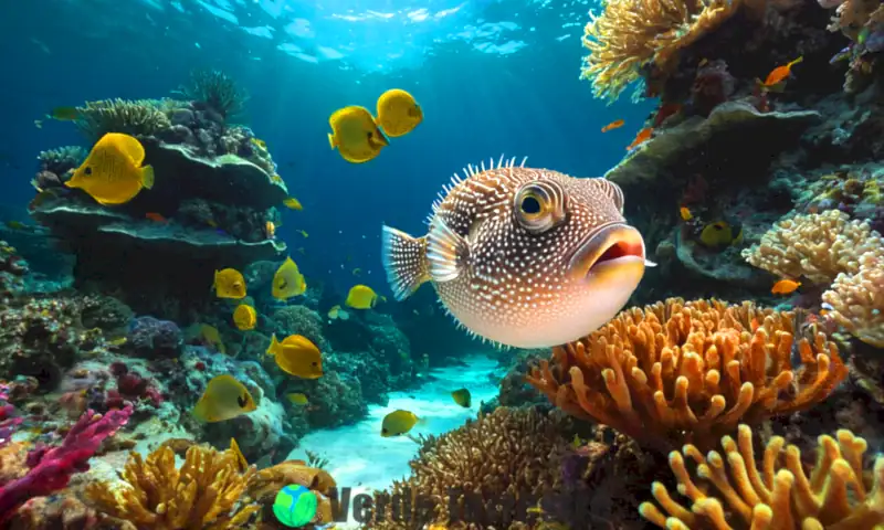 Pez globo vibrante en un hábitat submarino tropical, rodeado de coloridos corales y plantas marinas