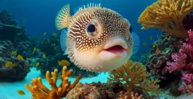 Pez globo nadando entre coloridos corales y peces tropicales en un vibrante paisaje submarino