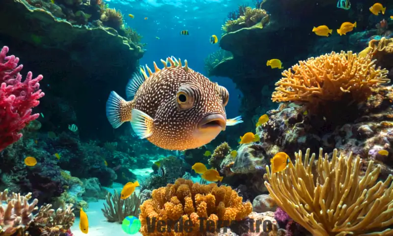 Pez globo en un vibrante hábitat marino, rodeado de coral colorido y peces tropicales