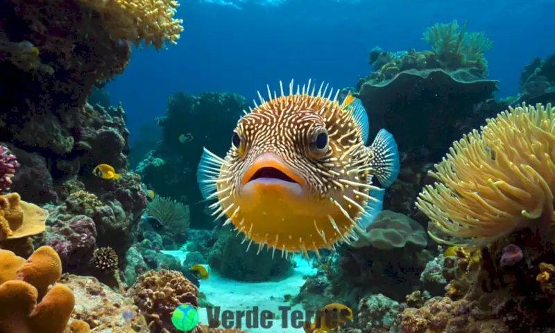 Pez globo colorido en un vibrante arrecife tropical rodeado de corales y peces pequeños