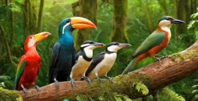 Diez picos de aves en un bosque exuberante
