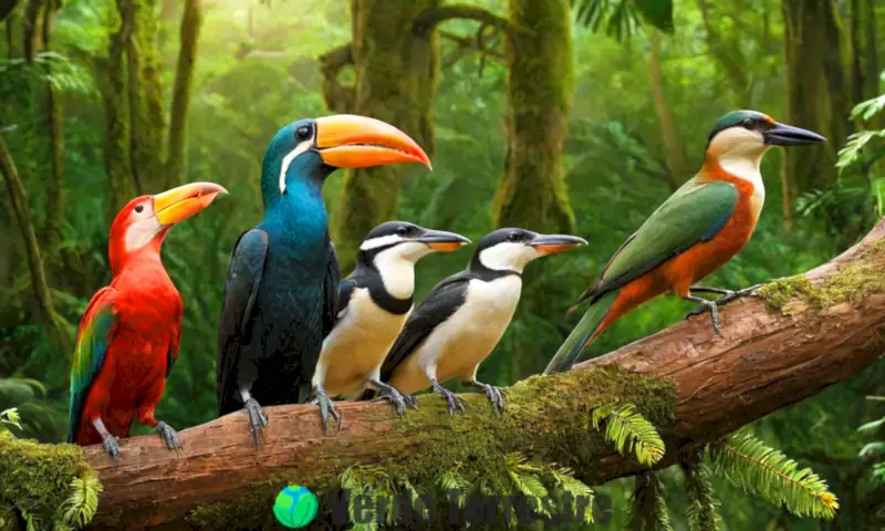 Diez picos de aves en un bosque exuberante